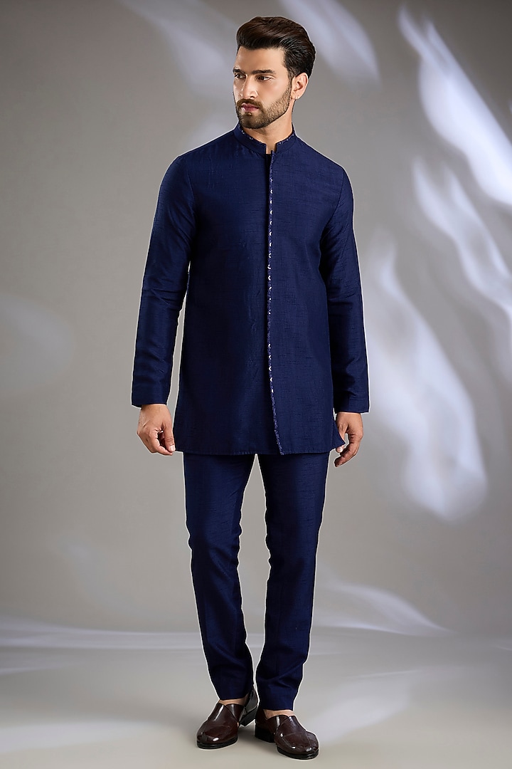 Blue Lucknowi Handwork Open Jacket Set by Nero By Shaifali & Satya at Pernia's Pop Up Shop