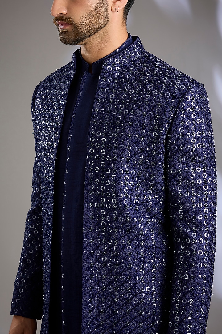 Blue Lucknowi Handwork Open Jacket Set by Nero By Shaifali & Satya at Pernia's Pop Up Shop
