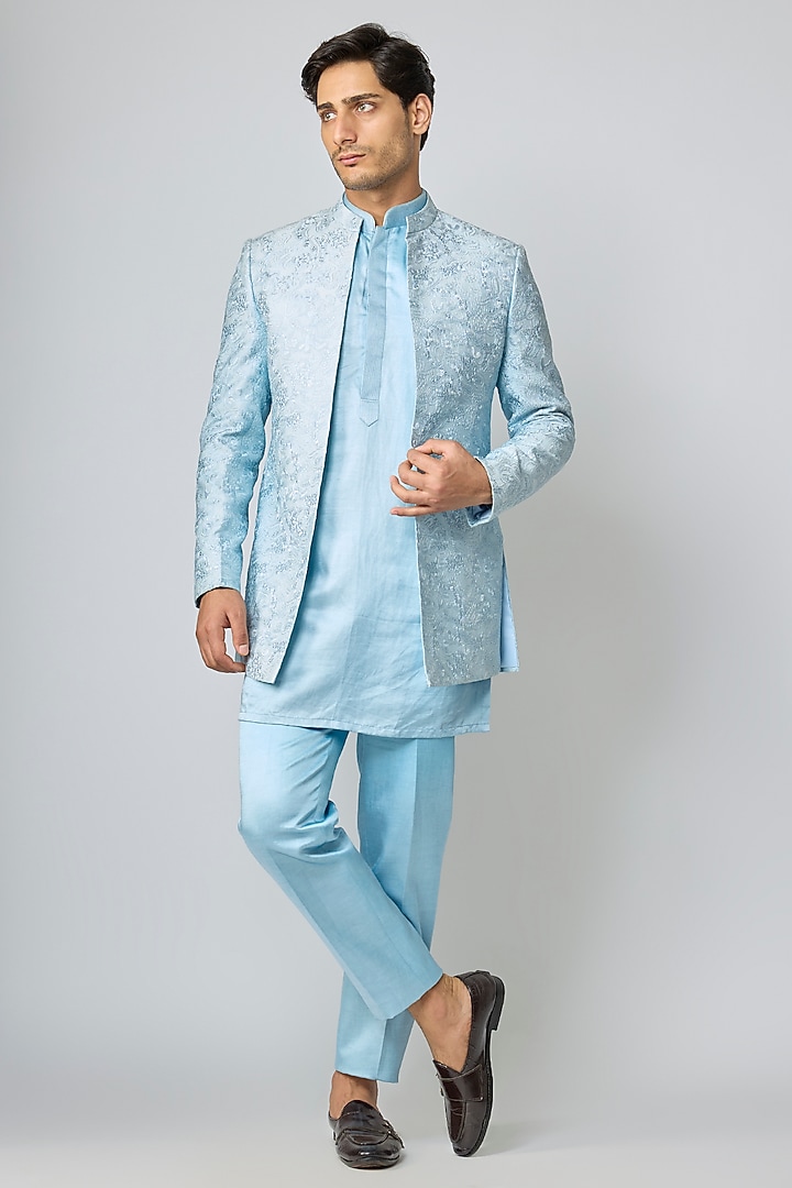 Light Blue Silk Indo-Western Set by Nero By Shaifali & Satya at Pernia's Pop Up Shop