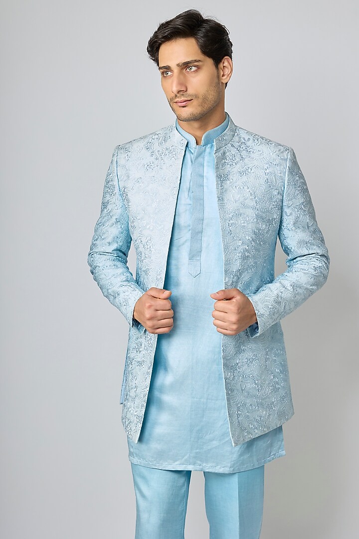 Light Blue Silk Indo-Western Set by Nero By Shaifali & Satya at Pernia's Pop Up Shop