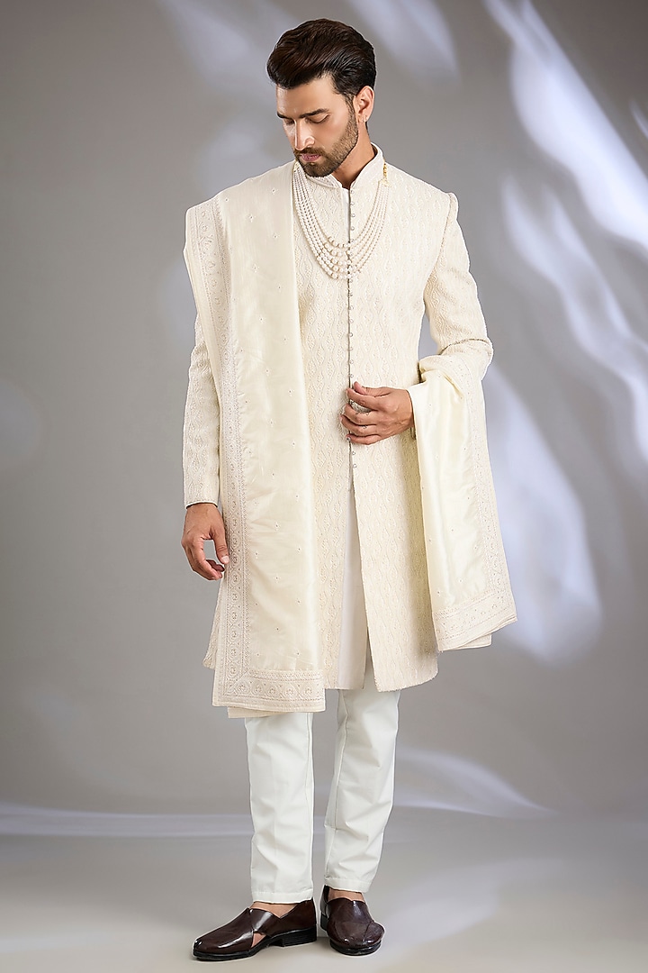 Ivory Silk Handwork Groom Sherwani Set by Nero By Shaifali & Satya at Pernia's Pop Up Shop