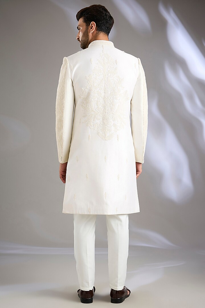 Ivory Silk Handwork Groom Sherwani Set by Nero By Shaifali & Satya at Pernia's Pop Up Shop
