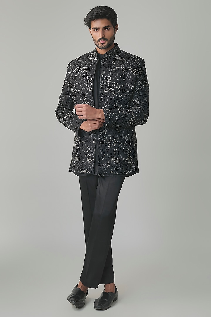 Black Lucknowi Cutdana & Poth Embroidered Open Jacket Set by Nero By Shaifali & Satya at Pernia's Pop Up Shop