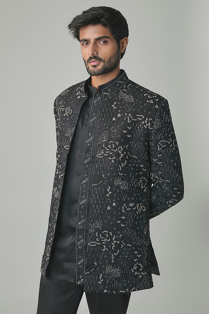 Black Lucknowi Cutdana & Poth Embroidered Open Jacket Set by Nero By Shaifali & Satya at Pernia's Pop Up Shop