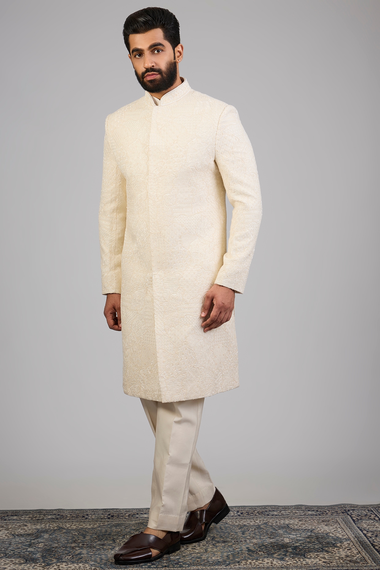Nero By Shaifali & Satya Cream Lucknowi Silk Sherwani Set