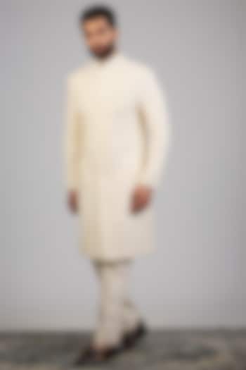 Cream Lucknowi Silk Groom Sherwani Set by Nero By Shaifali & Satya at Pernia's Pop Up Shop