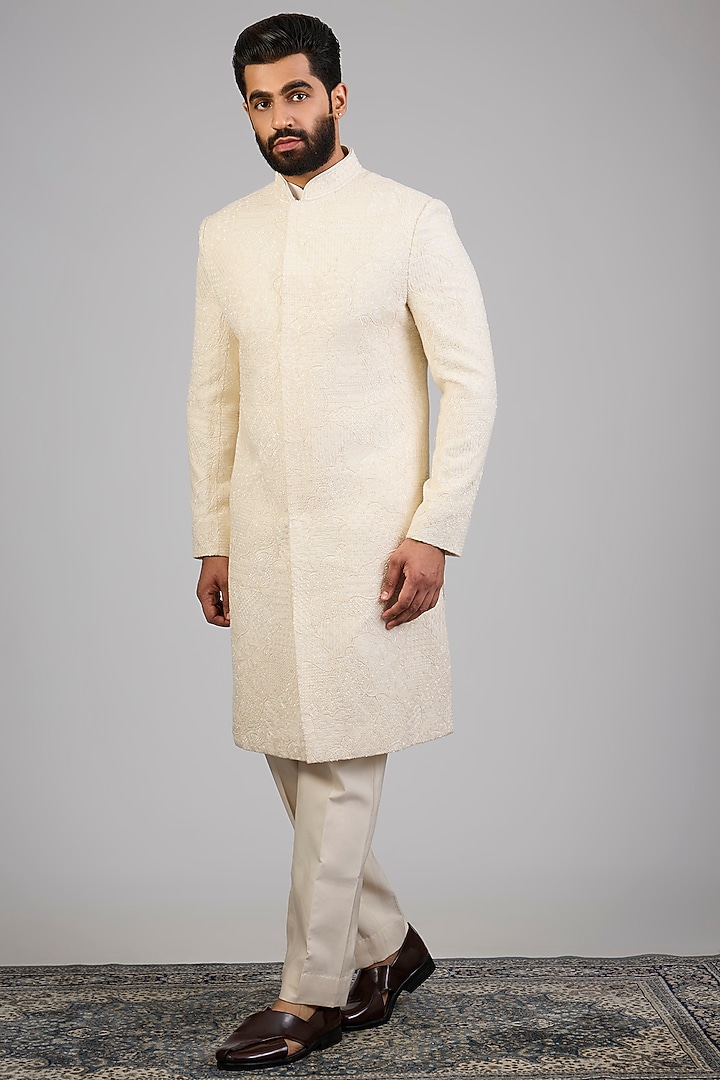 Cream Lucknowi Silk Groom Sherwani Set by Nero By Shaifali & Satya at Pernia's Pop Up Shop