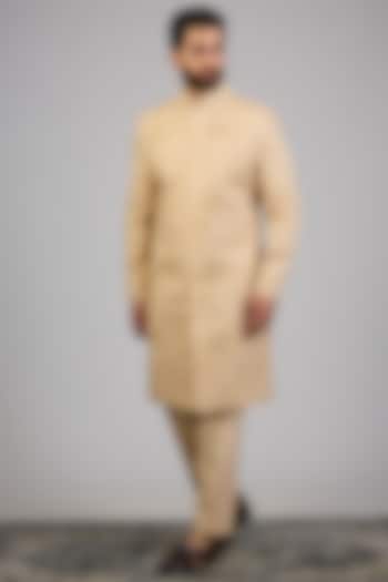 Beige Lucknowi Silk Groom Sherwani Set by Nero By Shaifali & Satya at Pernia's Pop Up Shop