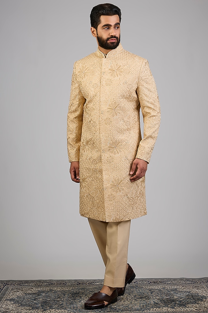 Beige Lucknowi Silk Groom Sherwani Set by Nero By Shaifali & Satya at Pernia's Pop Up Shop