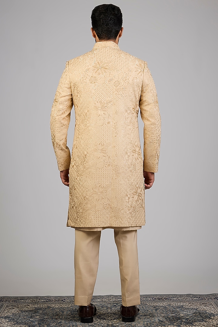 Beige Lucknowi Silk Groom Sherwani Set by Nero By Shaifali & Satya at Pernia's Pop Up Shop