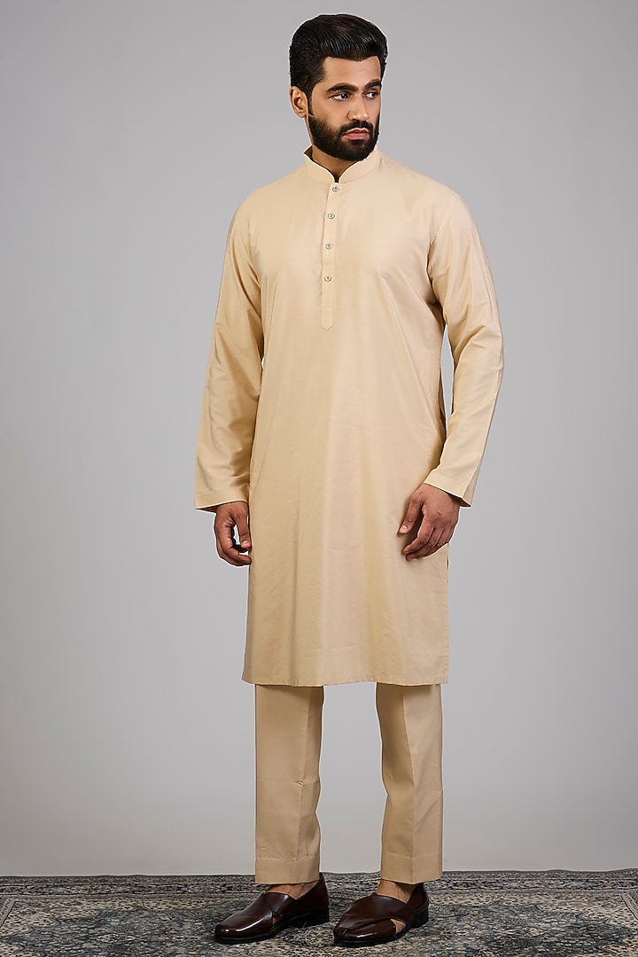 Beige Lucknowi Silk Groom Sherwani Set by Nero By Shaifali & Satya at Pernia's Pop Up Shop
