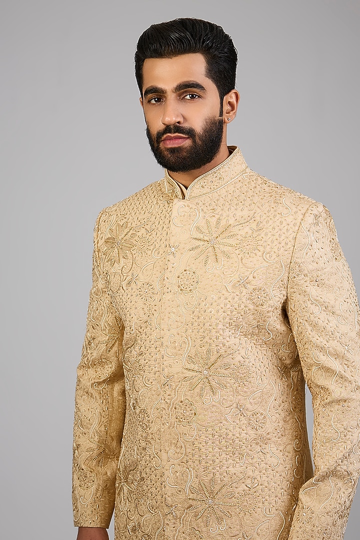 Beige Lucknowi Silk Groom Sherwani Set by Nero By Shaifali & Satya at Pernia's Pop Up Shop