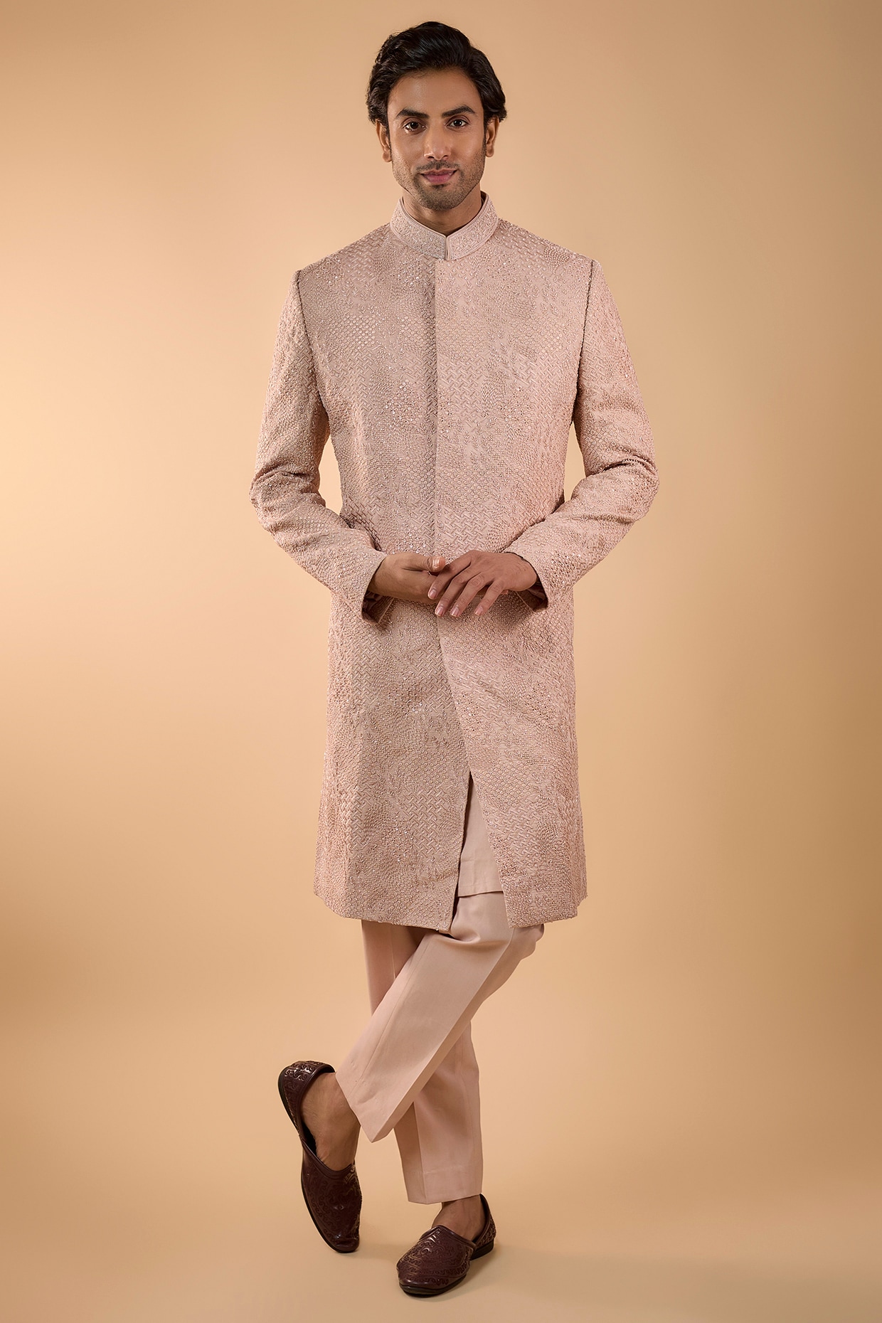 Nero by Shaifali & Satya Pink Lucknowi Cutdana Handwork Sherwani Set