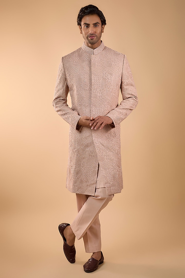 Pink Lucknowi Cutdana Handwork Groom Sherwani Set by Nero by Shaifali & Satya at Pernia's Pop Up Shop