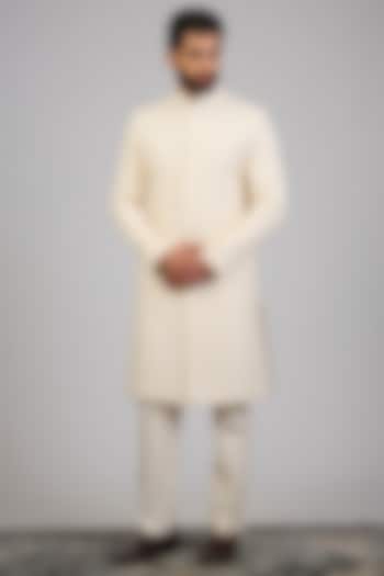 Cream Lucknowi Silk Groom Sherwani Set by Nero By Shaifali & Satya at Pernia's Pop Up Shop