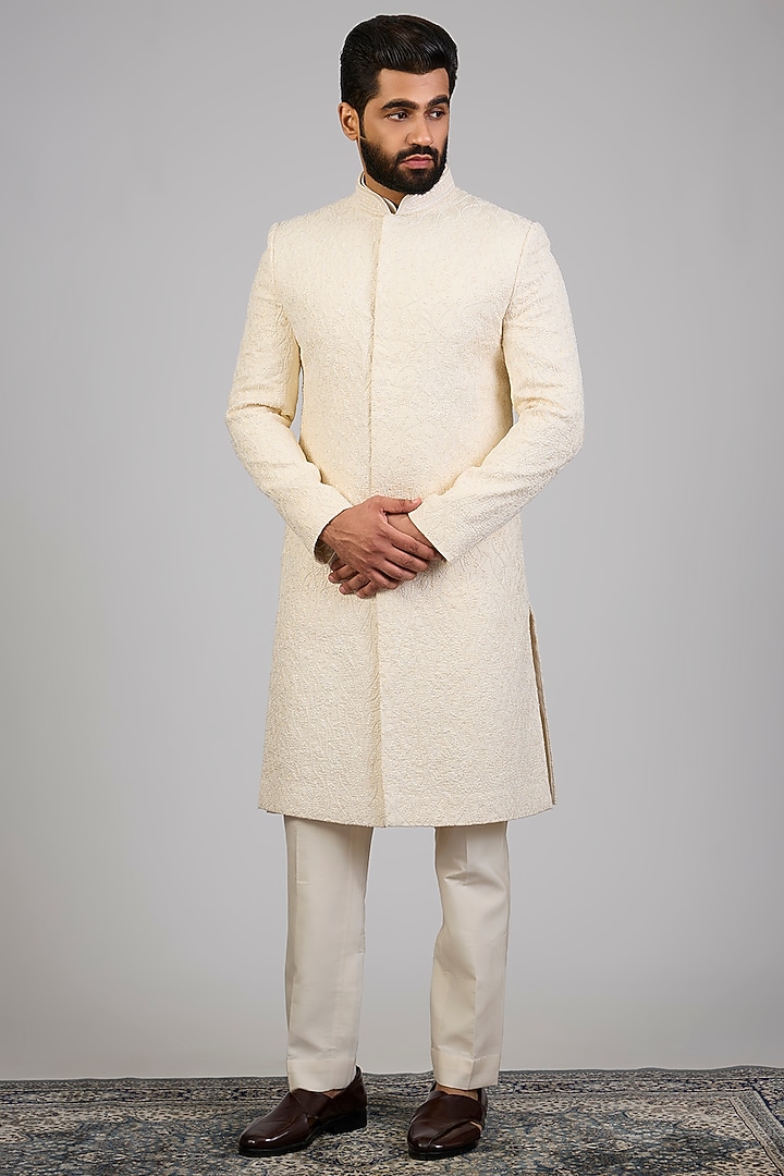 Cream Lucknowi Silk Groom Sherwani Set by Nero By Shaifali & Satya at Pernia's Pop Up Shop
