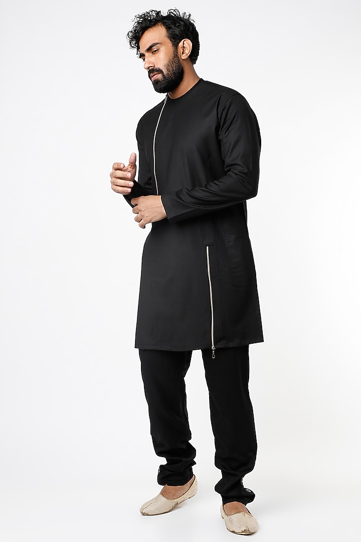 Black Handloom Linen Silk Kurta by Nero by Shaifali & Satya