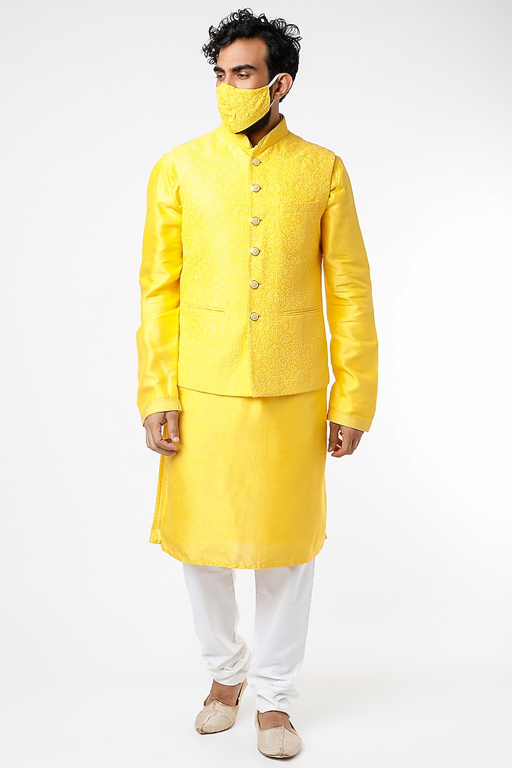 Yellow Cotton Embroidered Bundi Jacket Set by Nero by Shaifali & Satya at Pernia's Pop Up Shop
