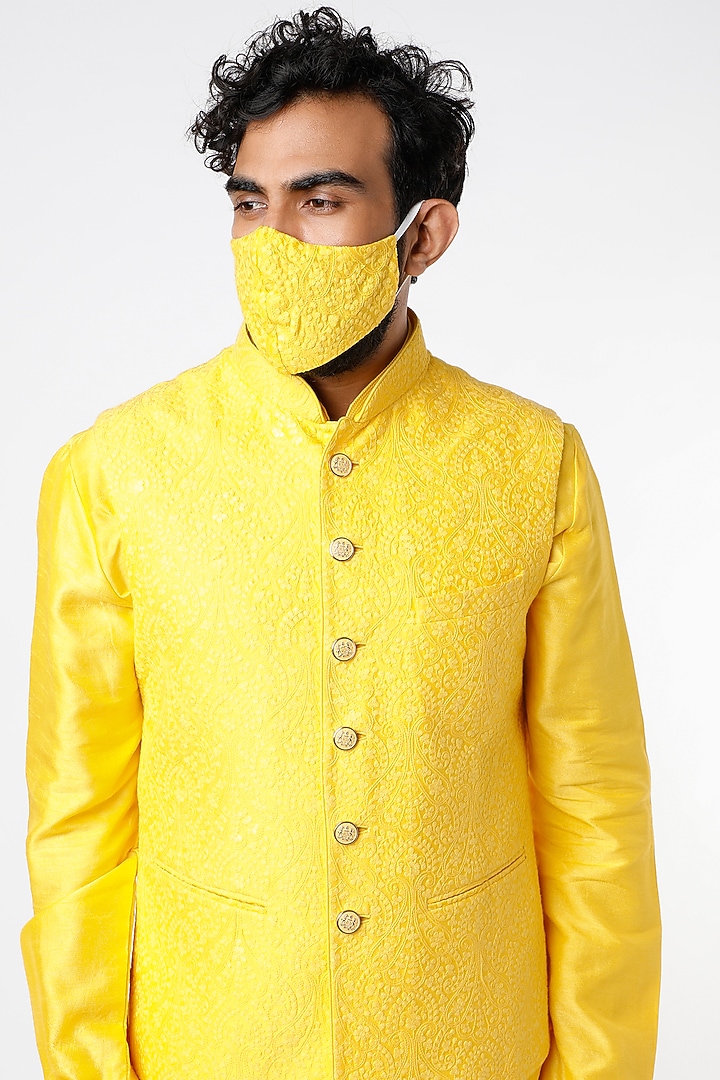 Yellow Cotton Embroidered Bundi Jacket Set by Nero by Shaifali & Satya at Pernia's Pop Up Shop