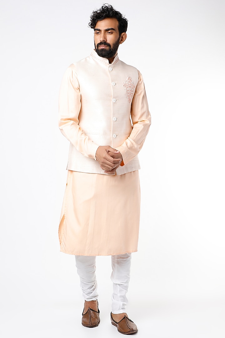 Peach Silk Kurta Set With Bundi Jacket by Nero by Shaifali & Satya at Pernia's Pop Up Shop