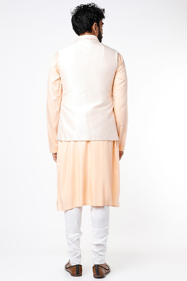Peach Silk Kurta Set With Bundi Jacket by Nero by Shaifali & Satya at Pernia's Pop Up Shop