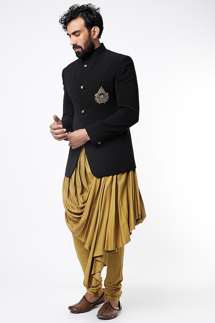 Golden Draped Kurta Set With Bandhgala Jacket by Nero By Shaifali & Satya
