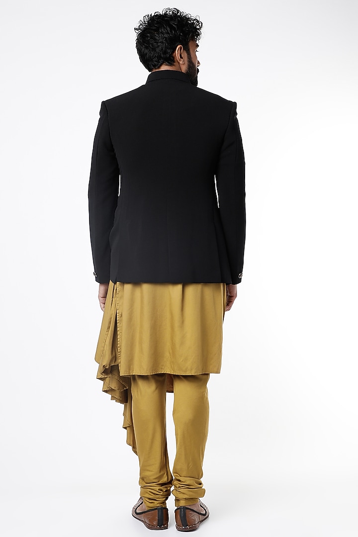 Golden Draped Kurta Set With Wedding Bandhgala Jacket by Nero by Shaifali & Satya at Pernia's Pop Up Shop