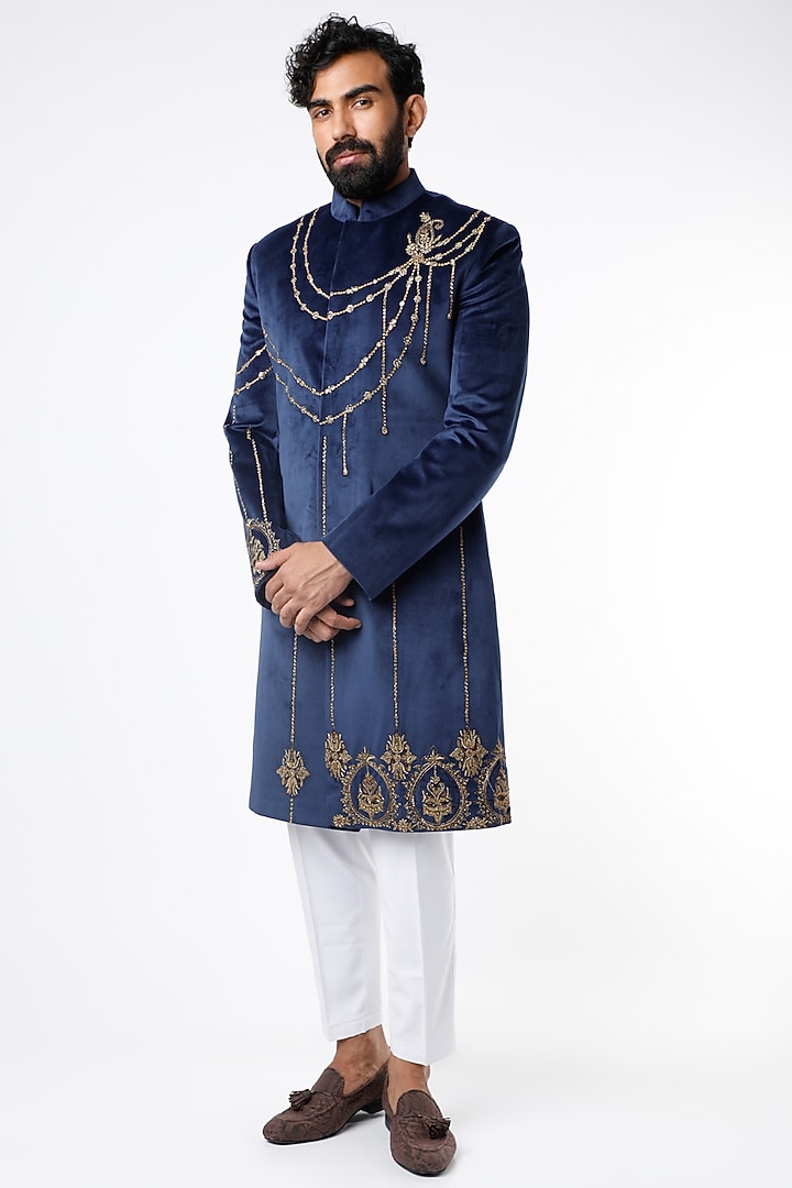 Royal Blue Embroidered Wedding Sherwani Set by Nero by Shaifali & Satya at Pernia's Pop Up Shop