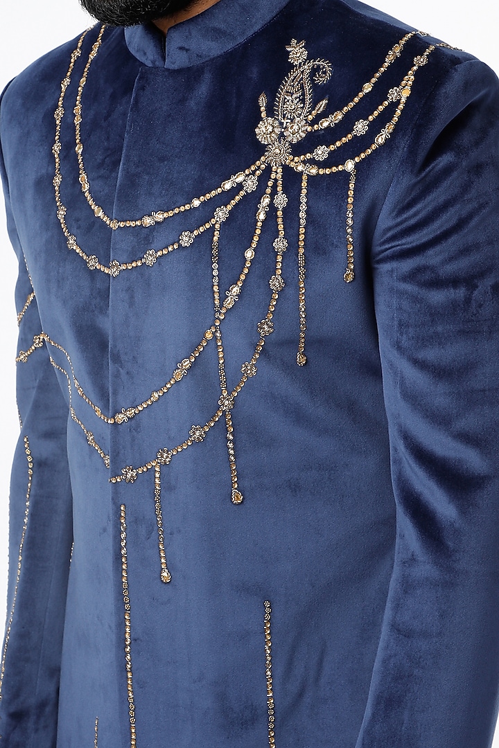 Royal Blue Embroidered Wedding Sherwani Set by Nero by Shaifali & Satya at Pernia's Pop Up Shop
