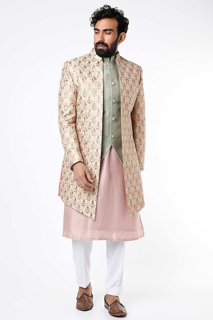 Pink Silk Kurta Set With Indowestern Jacket by Nero by Shaifali & Satya