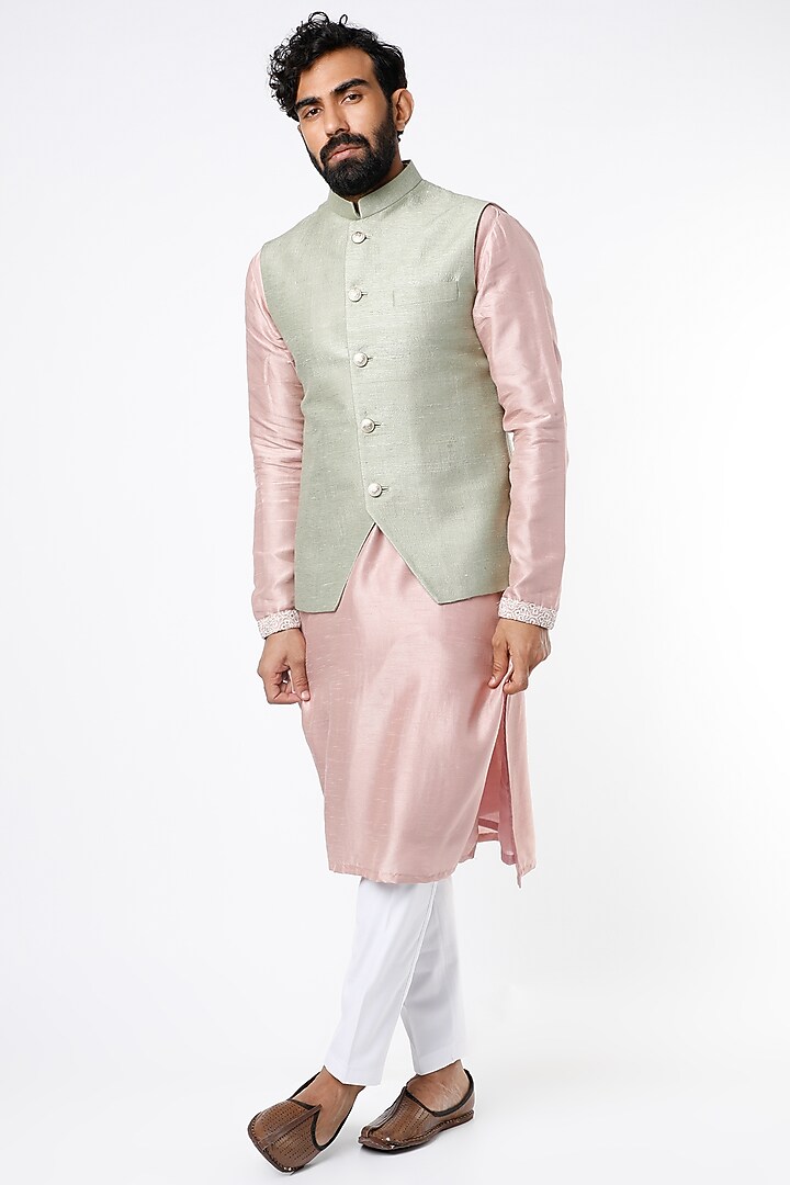 Pink Silk Kurta Set With Wedding Indowestern Jacket by Nero by Shaifali & Satya at Pernia's Pop Up Shop