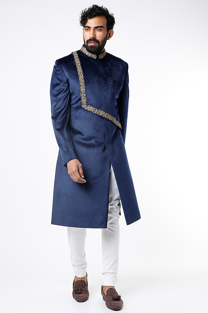 Blue Boomario Embroidered Indo Western Set by Nero by Shaifali & Satya at Pernia's Pop Up Shop