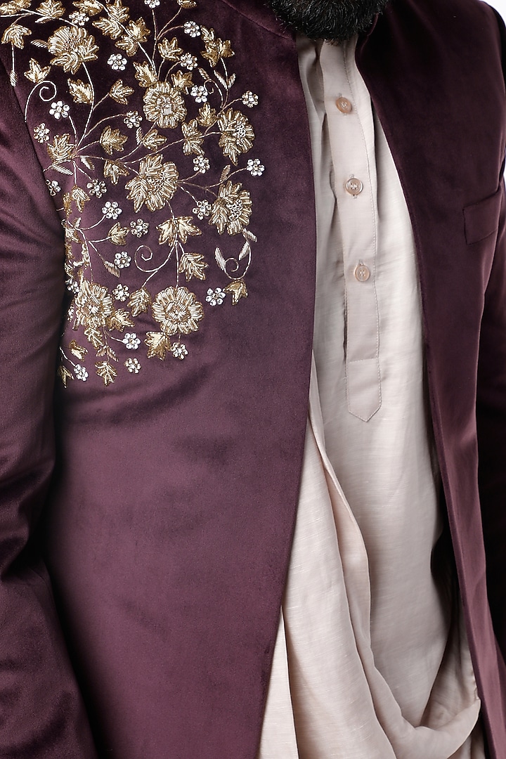 Pink Suede Kurta Set With Wedding Indowestern Jacket by Nero by Shaifali & Satya at Pernia's Pop Up Shop