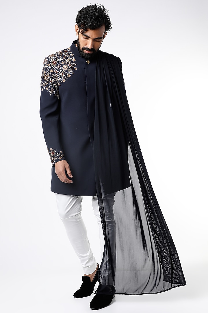 Navy Blue Suede Embroidered Wedding Indowestern Set by Nero by Shaifali & Satya at Pernia's Pop Up Shop