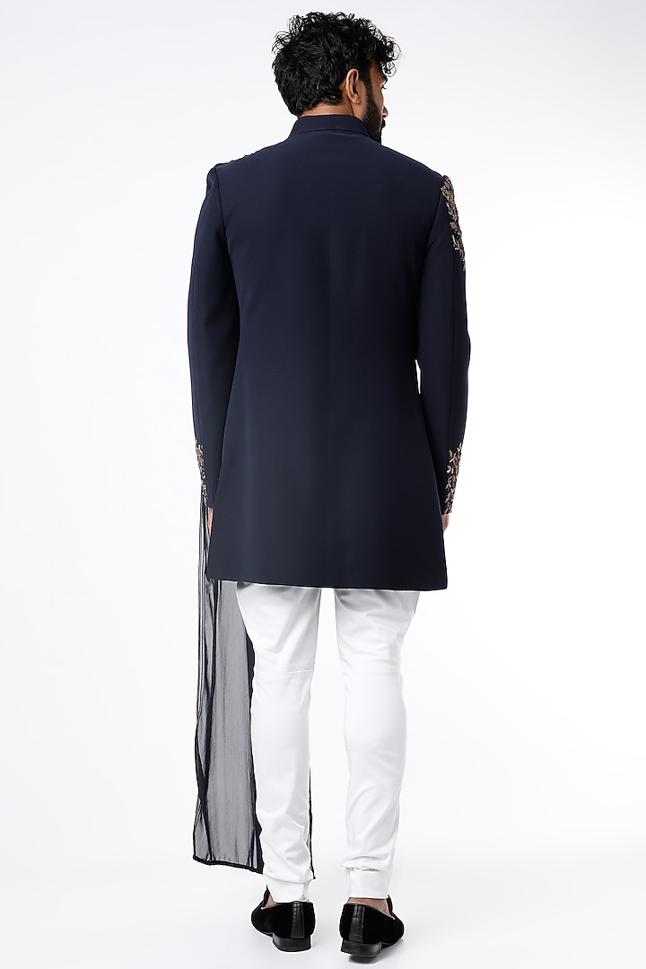Navy Blue Suede Embroidered Wedding Indowestern Set by Nero by Shaifali & Satya at Pernia's Pop Up Shop