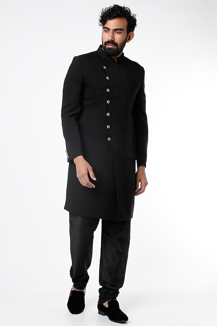 Black Embroidered Indo Western Wedding Sherwani Set by Nero by Shaifali & Satya at Pernia's Pop Up Shop