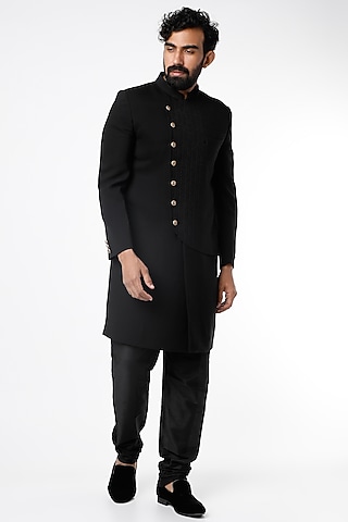 Black Embroidered Indo Western Sherwani Set by Nero by Shaifali & Satya