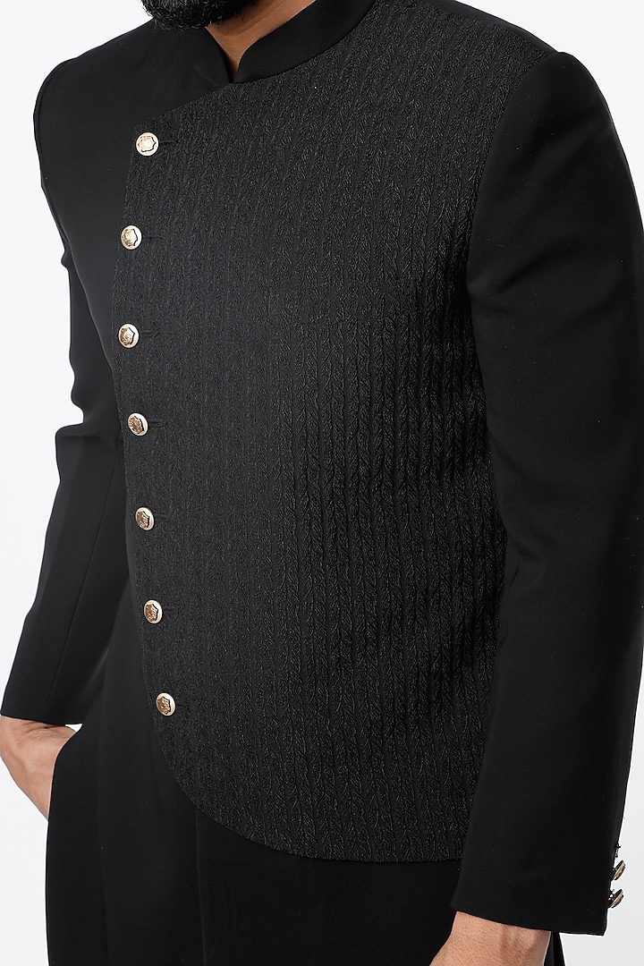 Black Embroidered Indo Western Wedding Sherwani Set by Nero by Shaifali & Satya at Pernia's Pop Up Shop