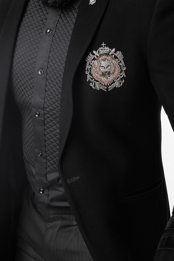 Black Dobby Silk Lion Embroidered Blazer Set by Nero by Shaifali & Satya at Pernia's Pop Up Shop