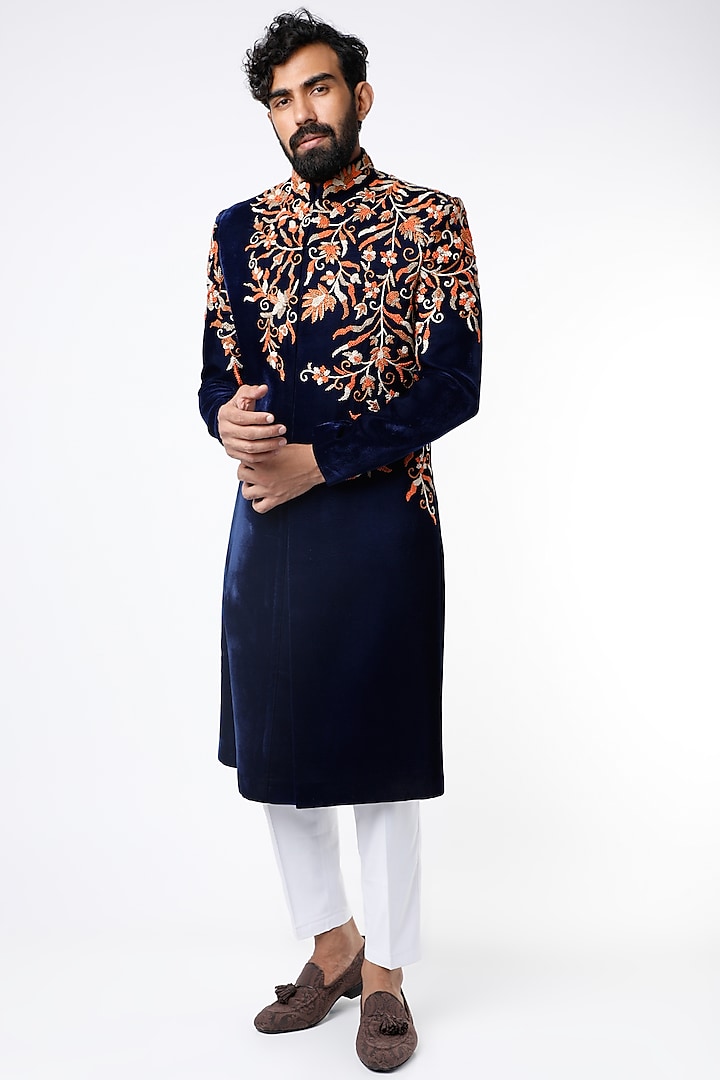 Navy Blue French Knots Embroidered Wedding Sherwani Set by Nero by Shaifali & Satya at Pernia's Pop Up Shop