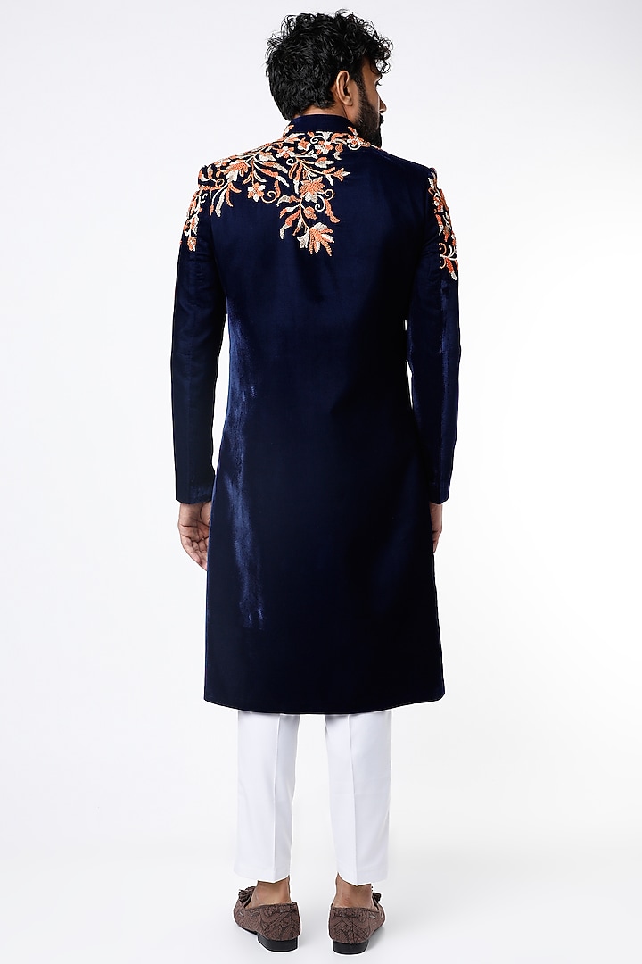 Navy Blue French Knots Embroidered Wedding Sherwani Set by Nero by Shaifali & Satya at Pernia's Pop Up Shop