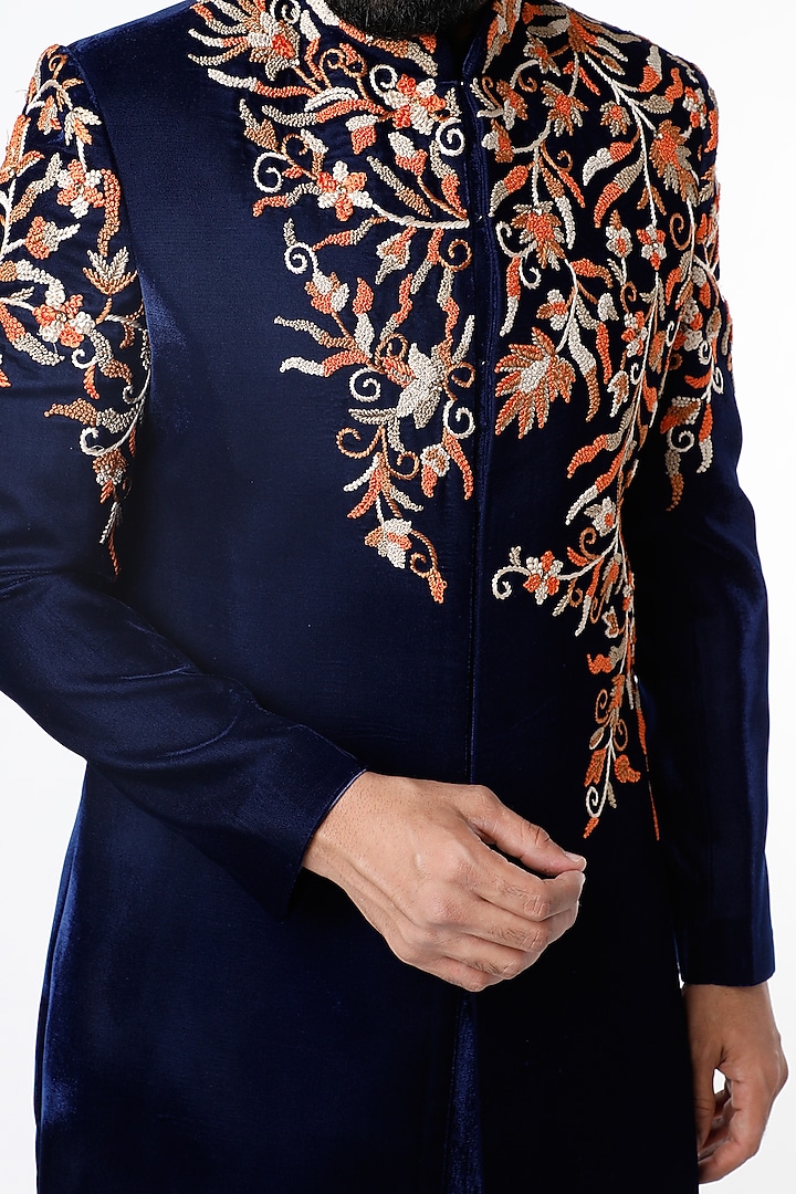 Navy Blue French Knots Embroidered Wedding Sherwani Set by Nero by Shaifali & Satya at Pernia's Pop Up Shop