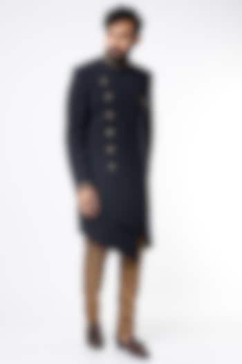 Navy Blue Handloom Matka Silk Embroidered Wedding Indowestern Set by Nero by Shaifali & Satya at Pernia's Pop Up Shop