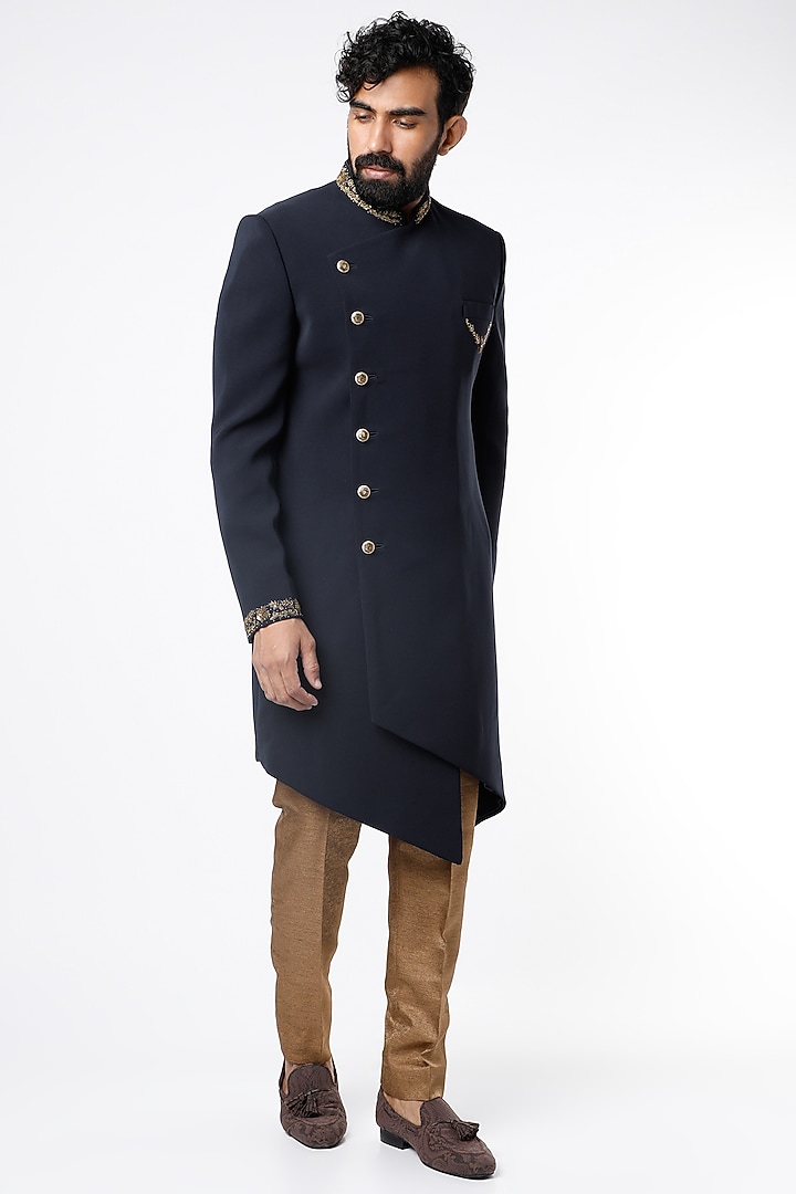 Navy Blue Handloom Matka Silk Embroidered Wedding Indowestern Set by Nero by Shaifali & Satya at Pernia's Pop Up Shop