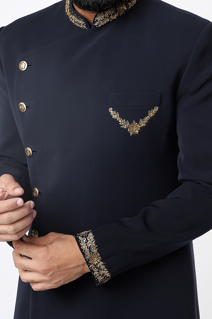 Navy Blue Handloom Matka Silk Embroidered Wedding Indowestern Set by Nero by Shaifali & Satya at Pernia's Pop Up Shop