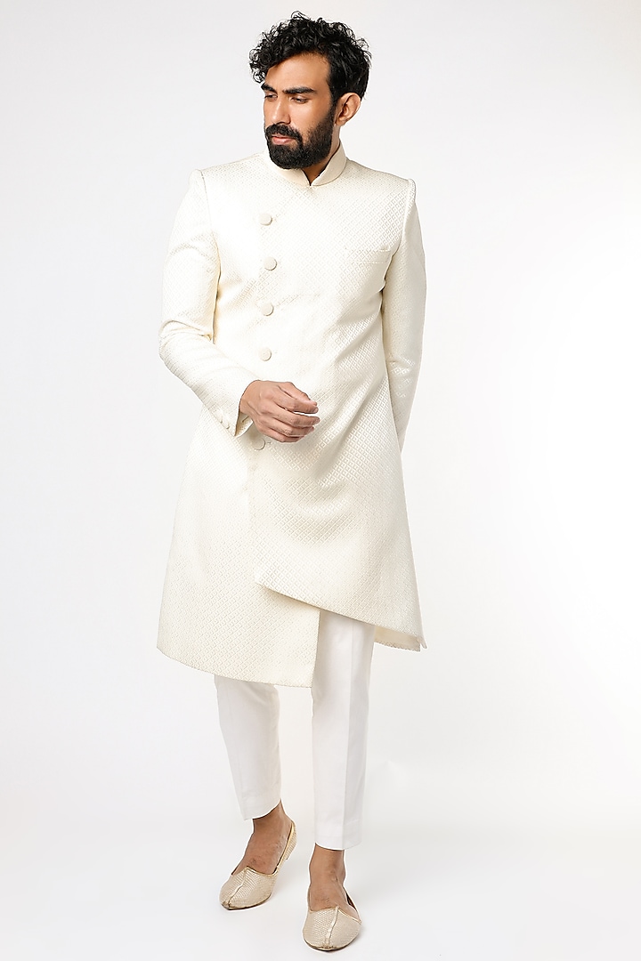 Off White Asymmetrical Indo Western Wedding Sherwani Set by Nero by Shaifali & Satya at Pernia's Pop Up Shop