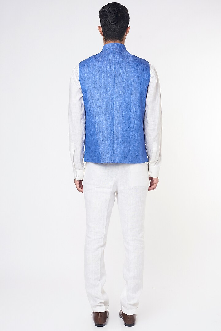 Blue Linen Bundi jacket Set by Nero by Shaifali & Satya at Pernia's Pop Up Shop