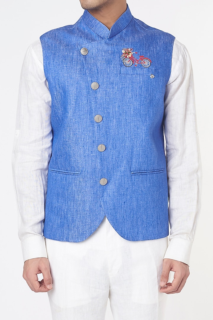 Blue Linen Bundi jacket Set by Nero by Shaifali & Satya at Pernia's Pop Up Shop
