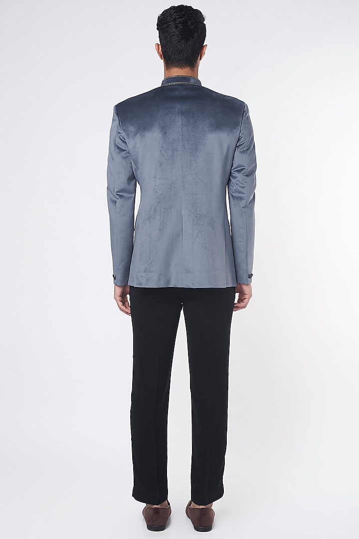 Bluish Grey Velvet Jodhpuri Jacket Set by Nero by Shaifali & Satya at Pernia's Pop Up Shop