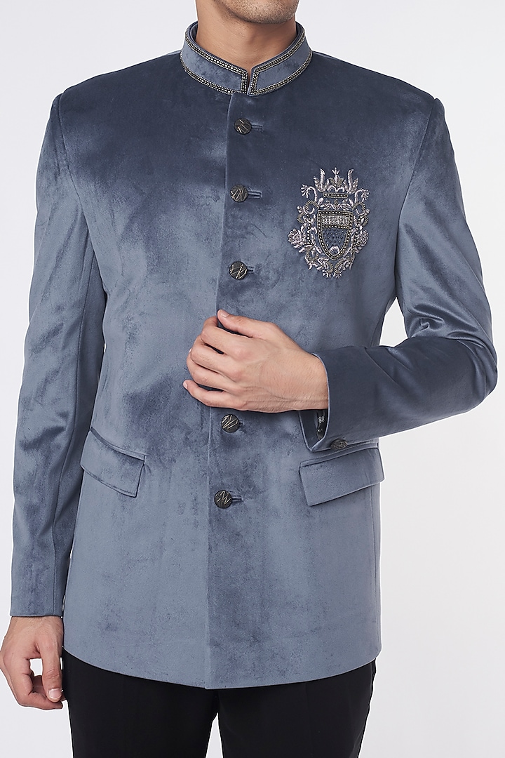 Bluish Grey Velvet Jodhpuri Jacket Set by Nero by Shaifali & Satya at Pernia's Pop Up Shop